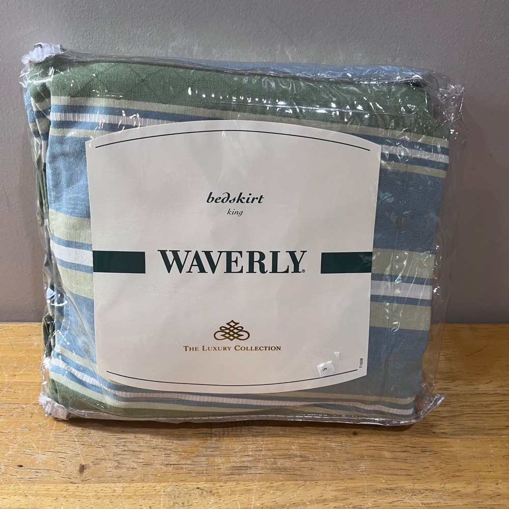 Waverly Juliette-Spearmint King Bedskirt Vtg Luxury Collection Striped Cotton